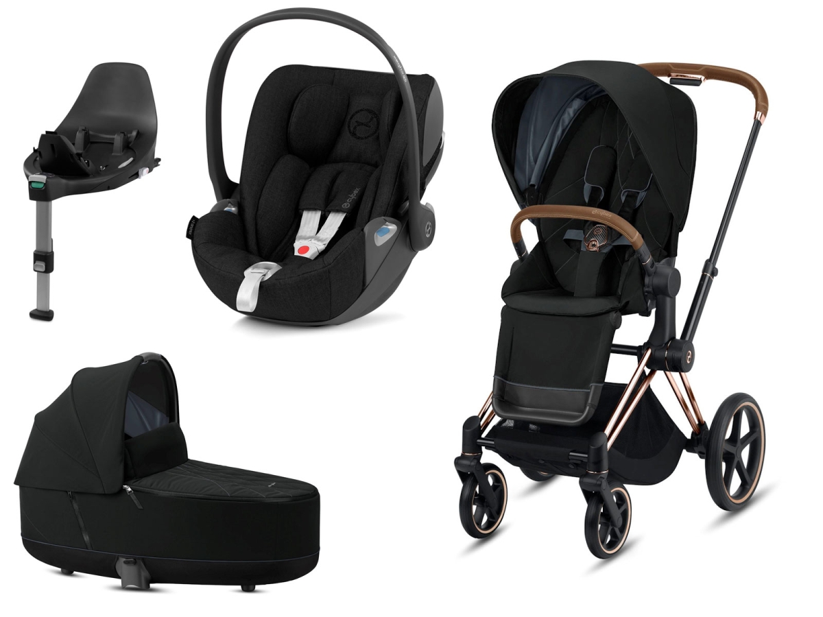 black and rose gold travel system